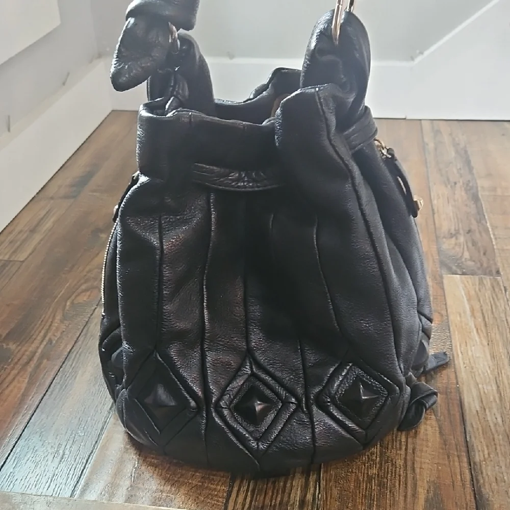 Elliott Lucca Luxury Quality‎ Chic Black Genuine Leather Hobo Draw String Bag